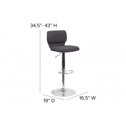 BLNK Jeremy Fabric Adjustable Height Bar Stool with Vertical Stitch Back and Chrome Base - Charcoal