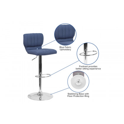 BLNK Jeremy Fabric Adjustable Height Bar Stool with Vertical Stitch Back and Chrome Base - Blue