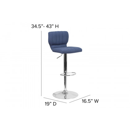 BLNK Jeremy Fabric Adjustable Height Bar Stool with Vertical Stitch Back and Chrome Base - Blue