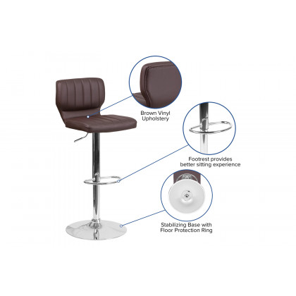 BLNK Jeremy Vinyl Adjustable Height Bar Stool with Vertical Stitch Back and Chrome Base - Brown
