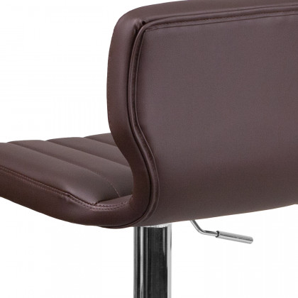 BLNK Jeremy Vinyl Adjustable Height Bar Stool with Vertical Stitch Back and Chrome Base - Brown