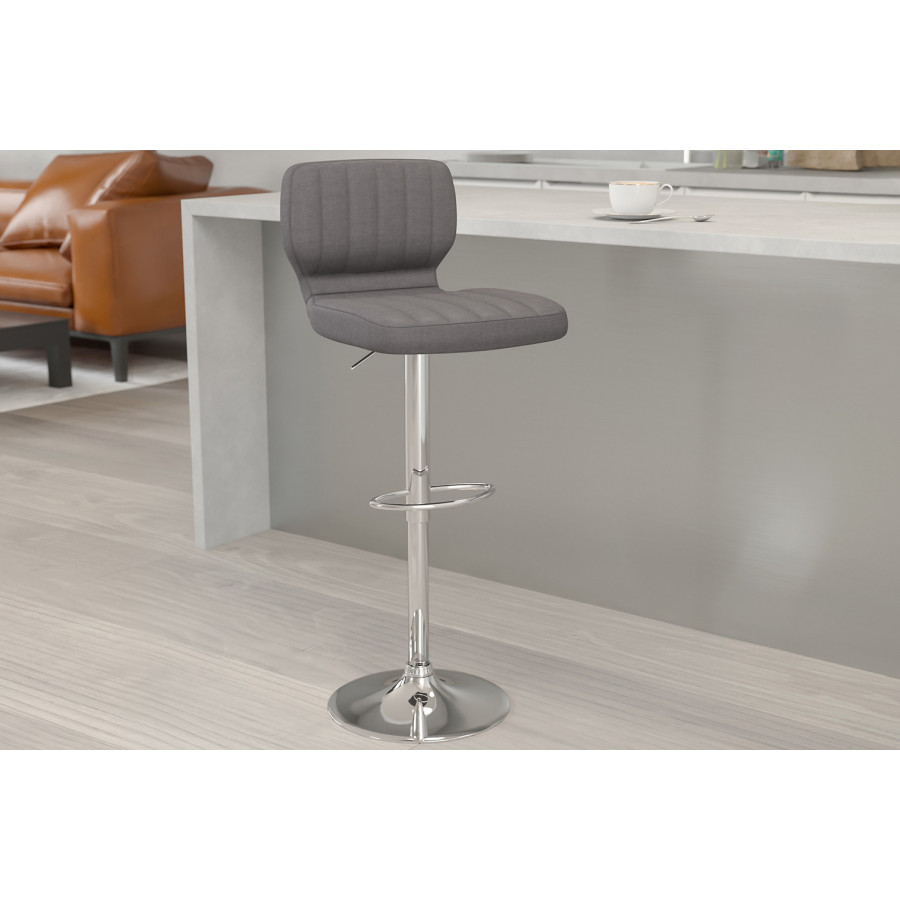 BLNK Jeremy Vinyl Adjustable Height Bar Stool with Vertical Stitch Back and Chrome Base - Gray