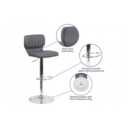 BLNK Jeremy Vinyl Adjustable Height Bar Stool with Vertical Stitch Back and Chrome Base - Gray