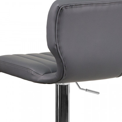BLNK Jeremy Vinyl Adjustable Height Bar Stool with Vertical Stitch Back and Chrome Base - Gray