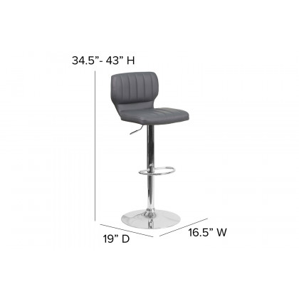 BLNK Jeremy Vinyl Adjustable Height Bar Stool with Vertical Stitch Back and Chrome Base - Gray