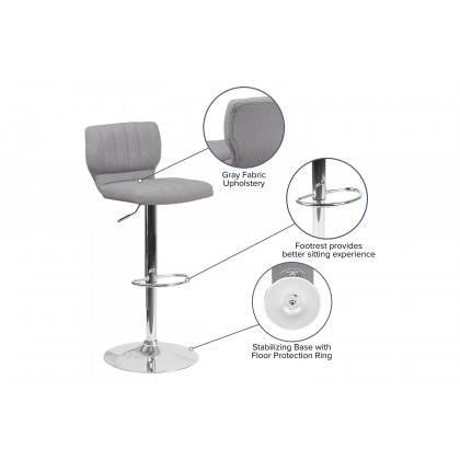 BLNK Jeremy Fabric Adjustable Height Bar Stool with Vertical Stitch Back and Chrome Base - Gray