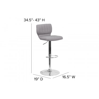 BLNK Jeremy Fabric Adjustable Height Bar Stool with Vertical Stitch Back and Chrome Base - Gray