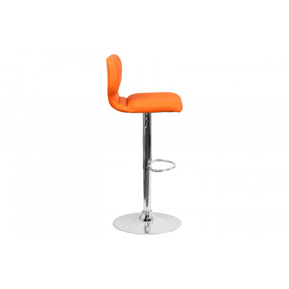 BLNK Jeremy Vinyl Adjustable Height Bar Stool with Vertical Stitch Back and Chrome Base - Orange