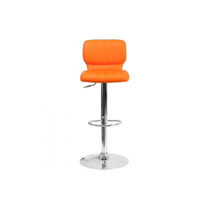BLNK Jeremy Vinyl Adjustable Height Bar Stool with Vertical Stitch Back and Chrome Base - Orange