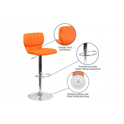 BLNK Jeremy Vinyl Adjustable Height Bar Stool with Vertical Stitch Back and Chrome Base - Orange