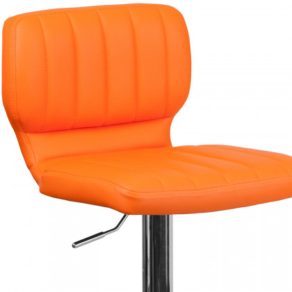BLNK Jeremy Vinyl Adjustable Height Bar Stool with Vertical Stitch Back and Chrome Base - Orange