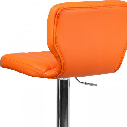 BLNK Jeremy Vinyl Adjustable Height Bar Stool with Vertical Stitch Back and Chrome Base - Orange