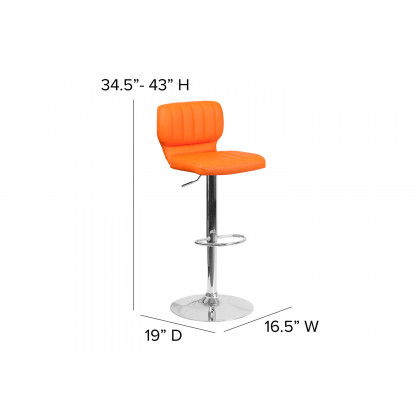 BLNK Jeremy Vinyl Adjustable Height Bar Stool with Vertical Stitch Back and Chrome Base - Orange