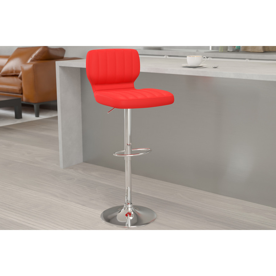 BLNK Jeremy Vinyl Adjustable Height Bar Stool with Vertical Stitch Back and Chrome Base - Red