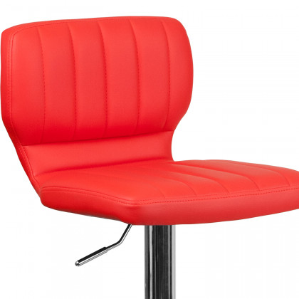 BLNK Jeremy Vinyl Adjustable Height Bar Stool with Vertical Stitch Back and Chrome Base - Red