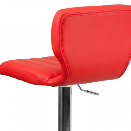 BLNK Jeremy Vinyl Adjustable Height Bar Stool with Vertical Stitch Back and Chrome Base - Red