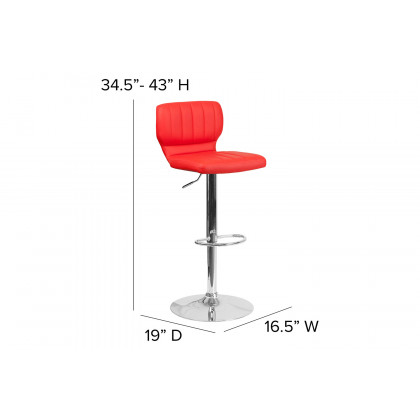 BLNK Jeremy Vinyl Adjustable Height Bar Stool with Vertical Stitch Back and Chrome Base - Red
