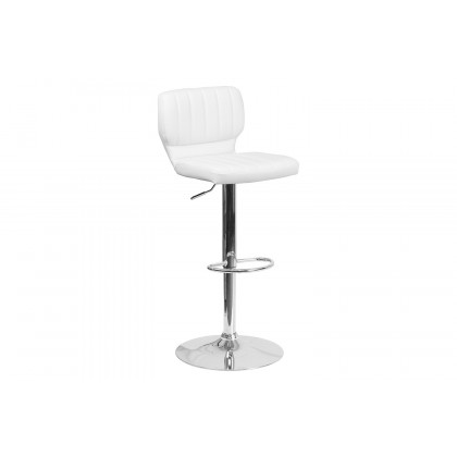 BLNK Jeremy Vinyl Adjustable Height Bar Stool with Vertical Stitch Back and Chrome Base - White