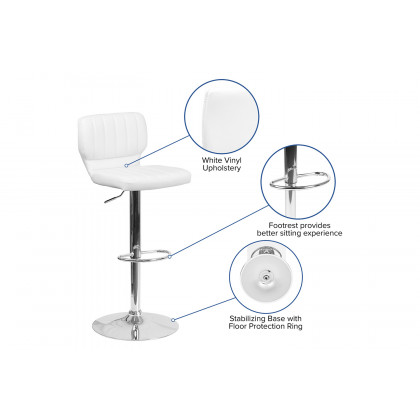 BLNK Jeremy Vinyl Adjustable Height Bar Stool with Vertical Stitch Back and Chrome Base - White