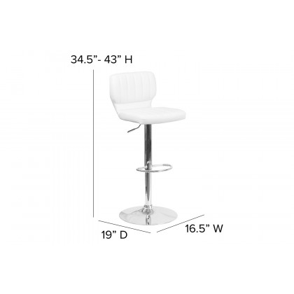 BLNK Jeremy Vinyl Adjustable Height Bar Stool with Vertical Stitch Back and Chrome Base - White
