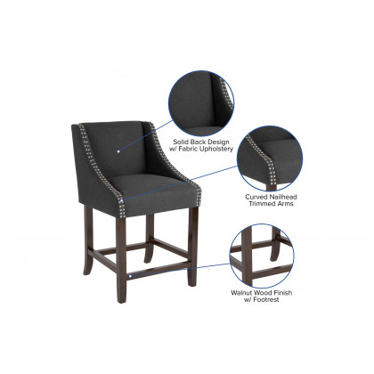 BLNK Carmel Series Fabric Transitional Walnut Counter Height Stool with Accent Nail Trim - Charcoal
