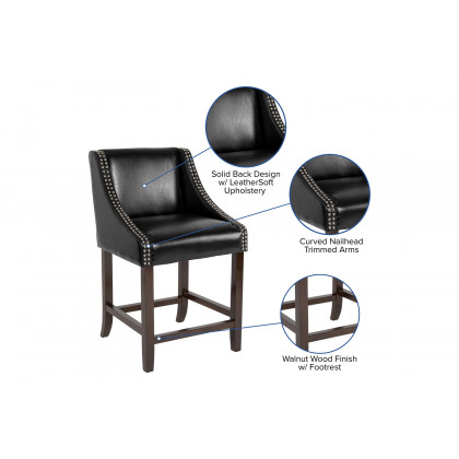 BLNK Carmel Series LeatherSoft Transitional Walnut Counter Height Stool with Nail Trim - Black