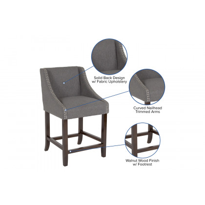 BLNK Carmel Series Fabric Transitional Walnut Counter Height Stool with Accent Nail Trim - Dark Gray