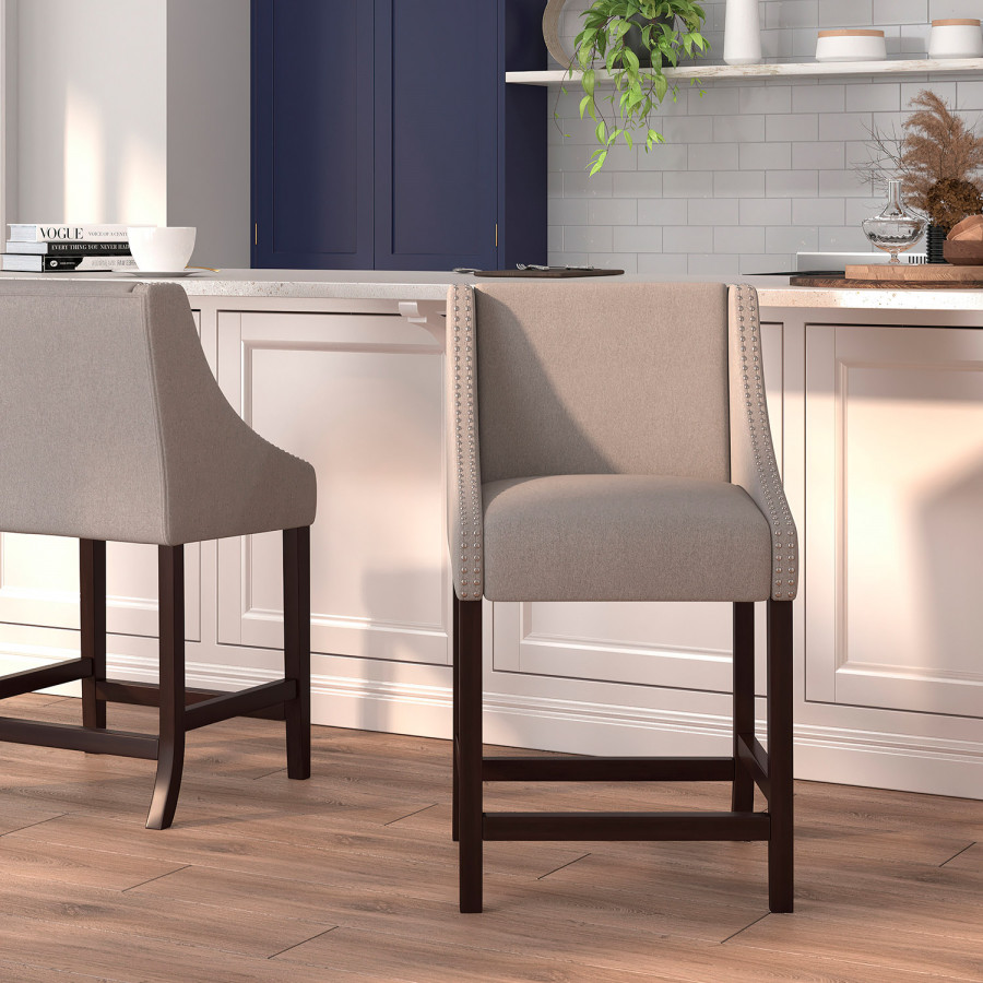 BLNK Carmel Series Fabric Transitional Walnut Counter Height Stool with Accent Nail Trim - Light Gray