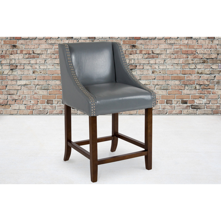 BLNK Carmel Series LeatherSoft Transitional Walnut Counter Height Stool with Nail Trim - Light Gray