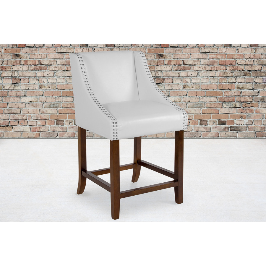 BLNK Carmel Series LeatherSoft Transitional Walnut Counter Height Stool with Nail Trim - White
