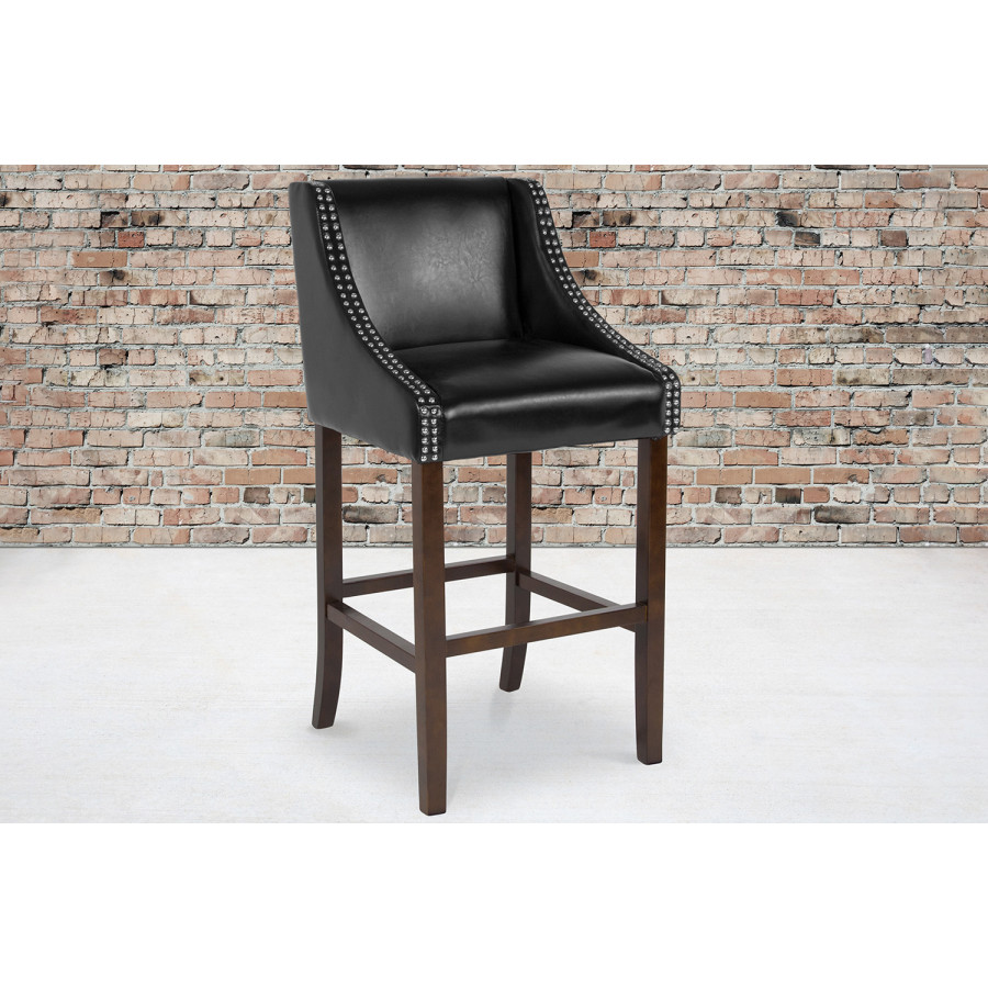 BLNK Carmel Series LeatherSoft Transitional Walnut Bar Stool with Accent Nail Trim - Black
