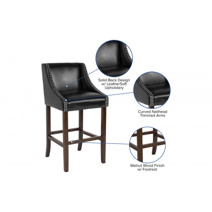 BLNK Carmel Series LeatherSoft Transitional Walnut Bar Stool with Accent Nail Trim - Black