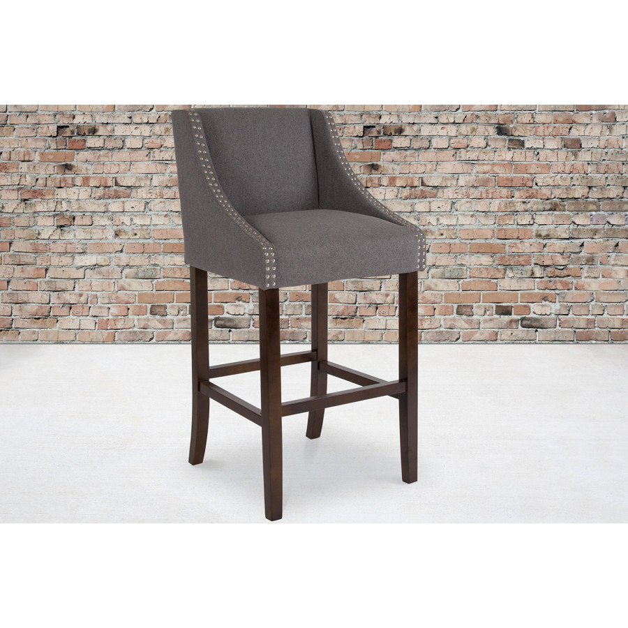 BLNK Carmel Series Fabric Transitional Walnut Bar Stool with Accent Nail Trim - Dark Gray