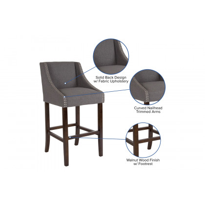 BLNK Carmel Series Fabric Transitional Walnut Bar Stool with Accent Nail Trim - Dark Gray