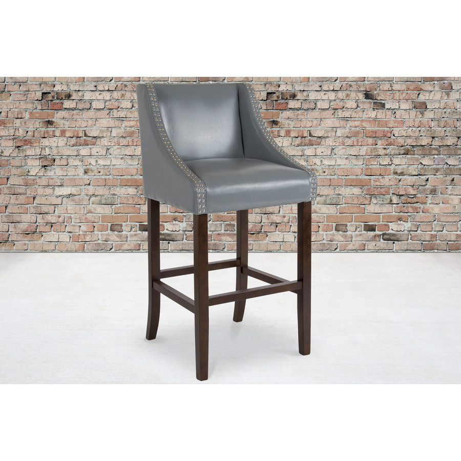 BLNK Carmel Series LeatherSoft Transitional Walnut Bar Stool with Accent Nail Trim - Light Gray