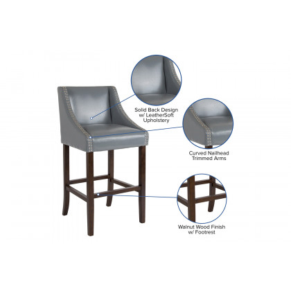 BLNK Carmel Series LeatherSoft Transitional Walnut Bar Stool with Accent Nail Trim - Light Gray