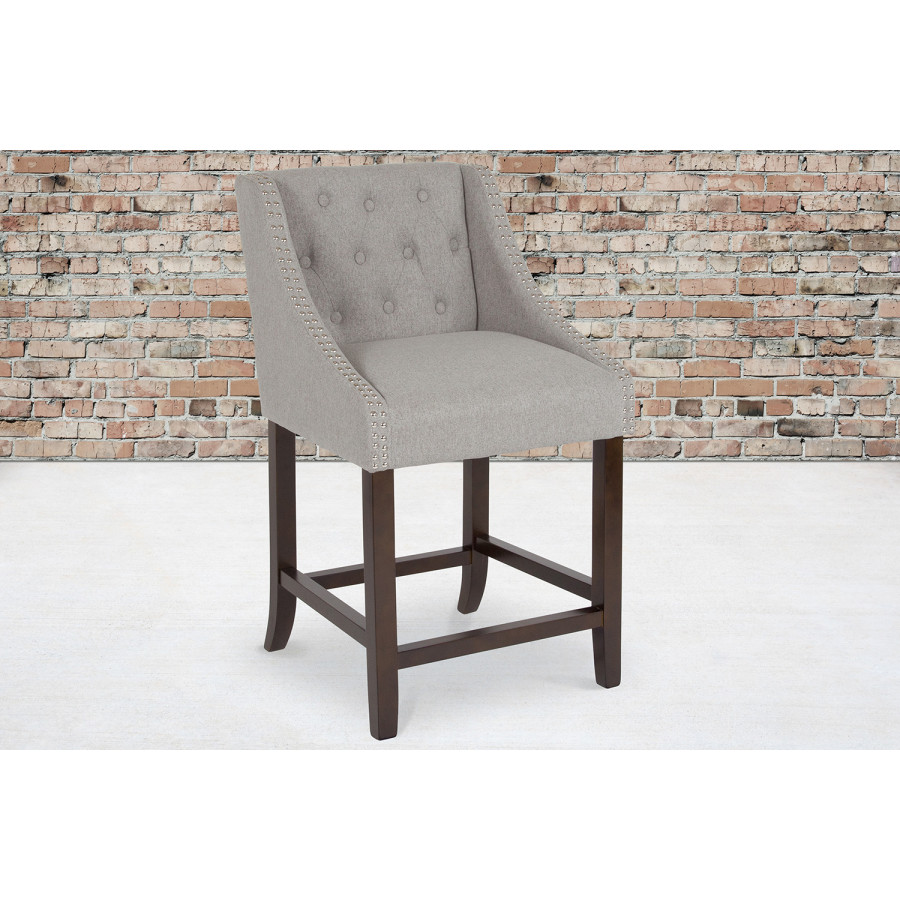 BLNK Carmel Series Fabric Transitional Tufted Walnut Counter Height Stool with Accent Nail Trim - Light Gray