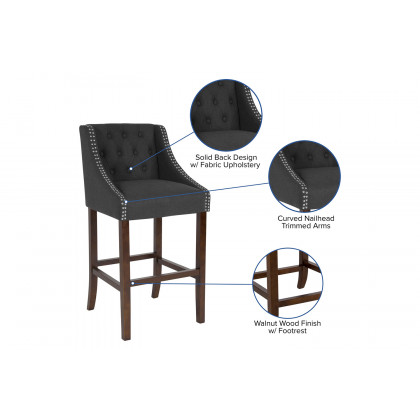 BLNK Carmel Series Fabric Transitional Tufted Walnut Bar Stool with Accent Nail Trim - Charcoal