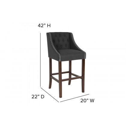 BLNK Carmel Series Fabric Transitional Tufted Walnut Bar Stool with Accent Nail Trim - Charcoal
