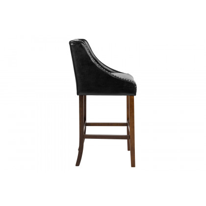 BLNK Carmel Series LeatherSoft Transitional Tufted Walnut Bar Stool with Accent Nail Trim - Black