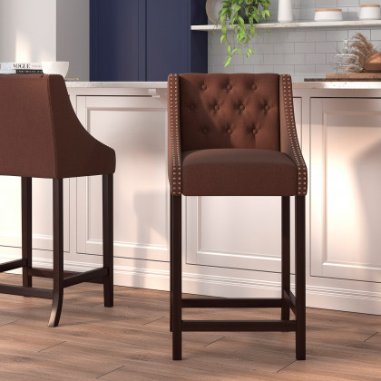 BLNK - Carmel Series Fabric Transitional Tufted Walnut Bar Stool with Accent Nail Trim