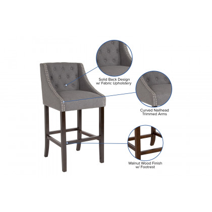 BLNK Carmel Series Fabric Transitional Tufted Walnut Bar Stool with Accent Nail Trim - Dark Gray