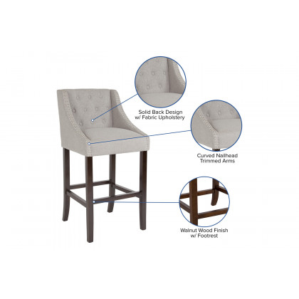 BLNK Carmel Series Fabric Transitional Tufted Walnut Bar Stool with Accent Nail Trim - Light Gray