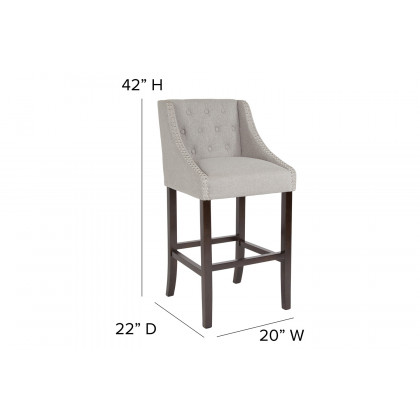BLNK Carmel Series Fabric Transitional Tufted Walnut Bar Stool with Accent Nail Trim - Light Gray