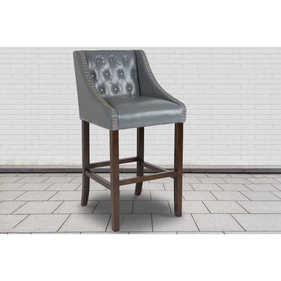 BLNK Carmel Series LeatherSoft Transitional Tufted Walnut Bar Stool with Accent Nail Trim - Light Gray
