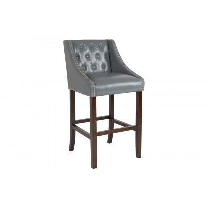 BLNK Carmel Series LeatherSoft Transitional Tufted Walnut Bar Stool with Accent Nail Trim - Light Gray