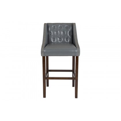 BLNK Carmel Series LeatherSoft Transitional Tufted Walnut Bar Stool with Accent Nail Trim - Light Gray