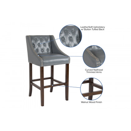 BLNK Carmel Series LeatherSoft Transitional Tufted Walnut Bar Stool with Accent Nail Trim - Light Gray