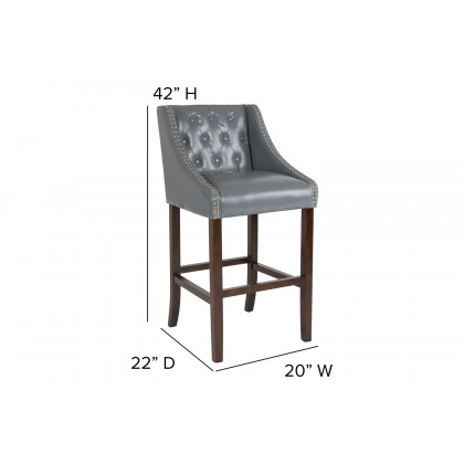 BLNK Carmel Series LeatherSoft Transitional Tufted Walnut Bar Stool with Accent Nail Trim - Light Gray