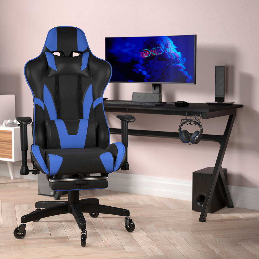 BLNK X30 Gaming Racing Computer Chair with Reclining Back, Slide-Out Footrest, and Transparent Roller Wheels - Blue